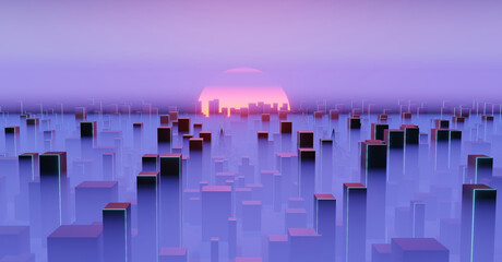 futuristic night city with skyscrapers in haze and setting sun, big city smog, 3d illustration