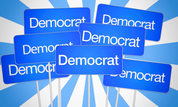 Illustration of people holding democrat sign; democratic party and democrats support concept