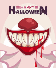 happy halloween horror celebration poster with mouth clown and blood