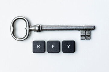 old shiny key and a button with the keyword