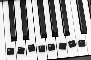 Naklejka premium piano keyboard, and computer keys with words