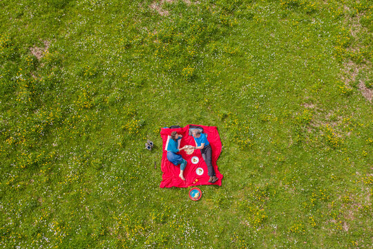 aerial shot of a couple having a picnic on green grass