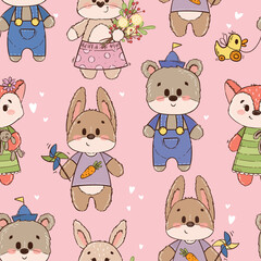 Obraz premium Seamless pattern with cute characters: bear, fox, hare, rabbit or bunny. Texture for girl on pink background. Ornament for a children's book, cover, textile, cotton, fabric, poster, print.