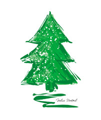 Merry Christmas-Feliz Natal, Portugues Christmas Vector Card. Green Hand Drawn Christmas Tree Isolatted on a White Background. 