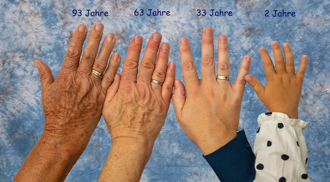 Vier H&auml;nde im Alter von jeweils 93 Jahren, 63 Jahren, 33 Jahren und 2 Jahren vor einem blau marmorierten Hintergrund Altersangaben in Textform