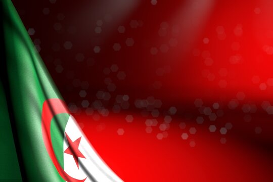 wonderful labor day flag 3d illustration. - picture of Algeria flag hanging diagonal on red with selective focus and free place for your content