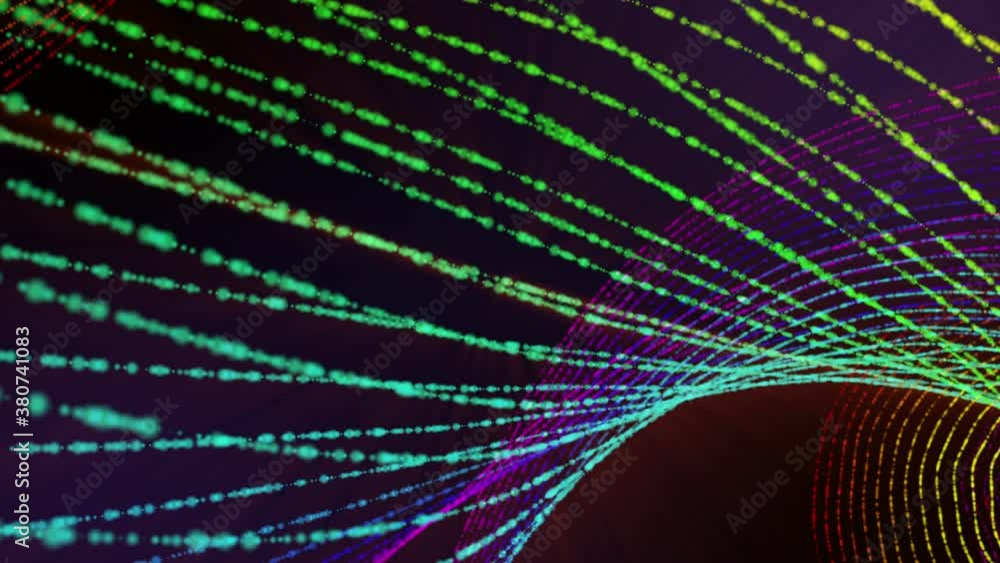 Aufkleber loop abstract background with rotating multicolored particles on a black background. 3d render