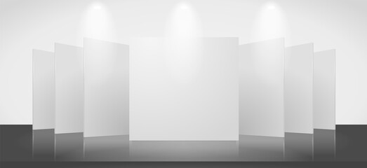 Vector 3d blank template of an exhibition scene with a blank stands. Image contains transparent lights and shadows