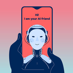 Chatbot robot chatting vector illustration. Isolated detailed illustration of AI friend application. Emotional and psycologic help and support.