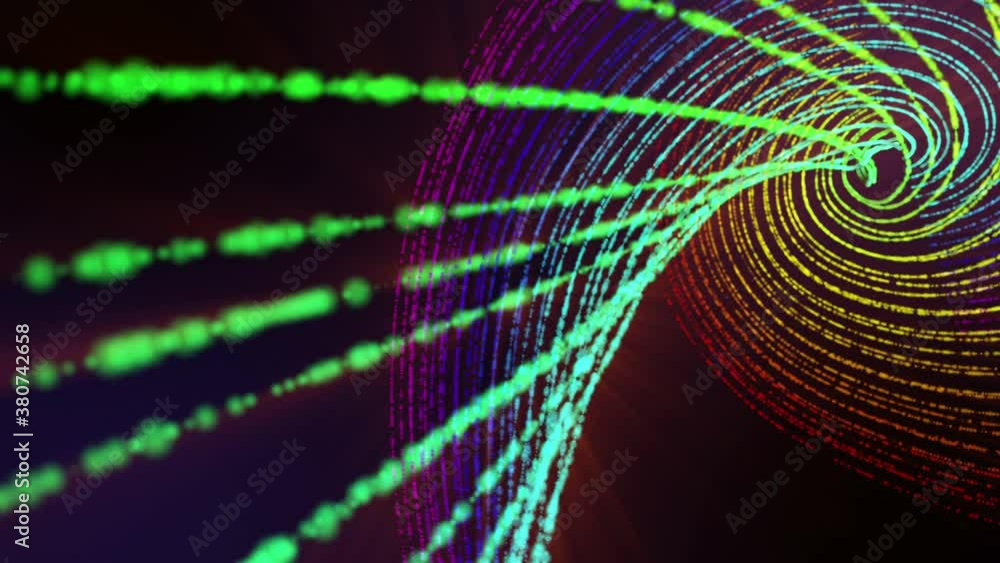 Aufkleber loop abstract background with rotating multicolored particles on a black background. 3d render