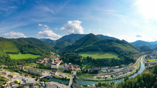 Lilienfeld in Lower Austria. Aerial view to the abbey monastery and the Traisen river and the Muckenkogel mountain