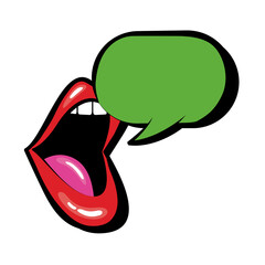 Pop art mouth speaking with speech bubble fill style icon