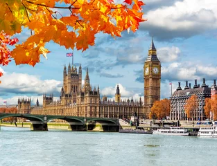 Poster Big Ben tower with Houses of Parliament and Westminster bridge in autumn, London, UK © Mistervlad