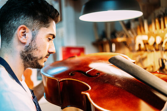 Side view of professional young craftsman checking string musical instrument during work in workshop