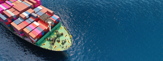 Aerial drone panoramic ultra wide photo of industrial container tanker ship loaded with colourful...