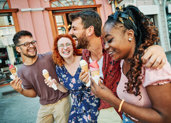 having fun woman street friendship friend outdoor lifestyle city happy icecream young eating man couple