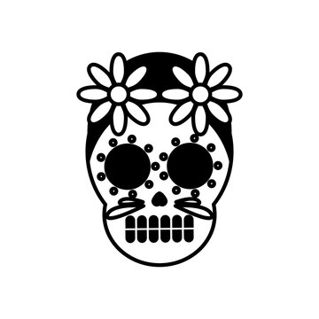traditional mexican skull head with flowers line style icon