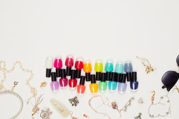 concept, manicure with nail polish, pedicure on white background, copy space, Flat Lay