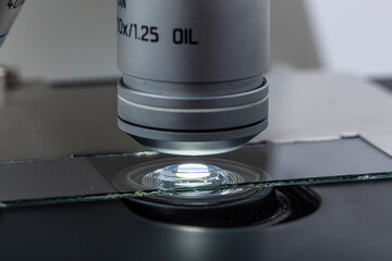Distribution of immersion oil under light microscope objective lens. Oil immersion is a technique...