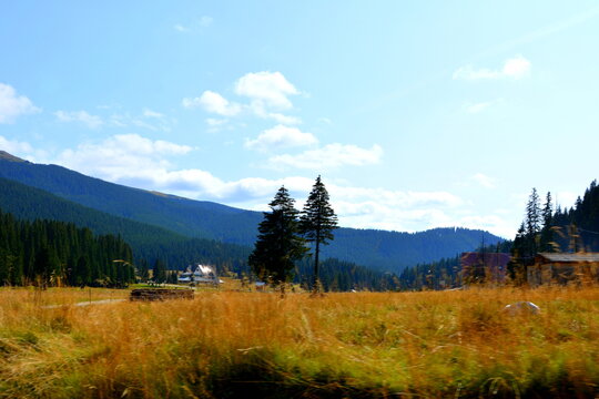 Typical landcsape in the mountains and forests of Transylvania. Bucegi Massif, Carpathian Mountains, Romania
