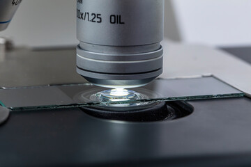 Distribution of immersion oil under light microscope objective lens. Oil immersion is a technique...