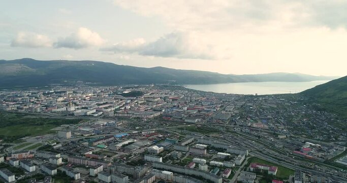 City of Magadan. Winter. View of the central part of the city. Russia.
