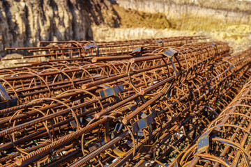 Industrial background. Rebar texture. Rusty rebar for concrete pouring. Steel reinforcement bars. Construction rebar steel work reinforcement. Closeup of Steel rebars.