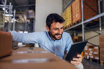 Smiling attractive bearded supervisor crouching next to boxes and using tablet to check on goods.