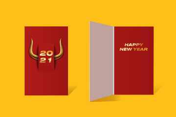 The title and inner red open section of the 2021 New Year card - with the symbol of the year on a yellow background. Bull horns and numbers. Decorated poster template for congratulations. Vector