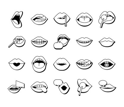 bundle of twenty mouths and lips set icons in blue background