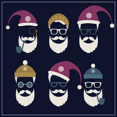 Vector set of faces with Santa hats, mustache and beards. Various doodles Christmas Santa design elements. Holiday icons