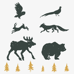 Hand-drawn forest silhouettes animals:elk, fox, hare, bear, owl, pheasant