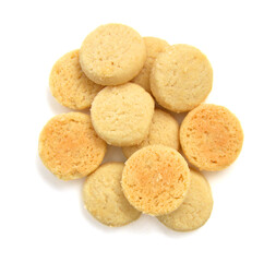 Freshly baked sugar cookies on white background