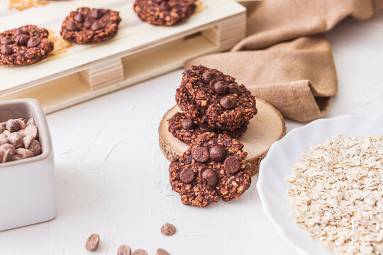 Top shot of a pile of oatmeal and banana chocolate cookies. Studio shot