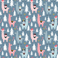 Christmas Llamas Seamless Pattern