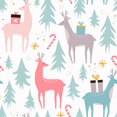 Christmas seamless pattern, deer with xmas pine tree doodle. Background for design and decoration textile, covers, package, wrapping paper.