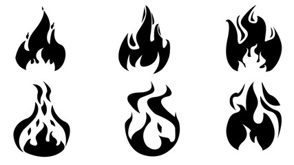 Fire flames, set vector icons. Flames icons. Flame silhouettes. Black firing icons, warning symbols isolated on white. Burning vector emblems.