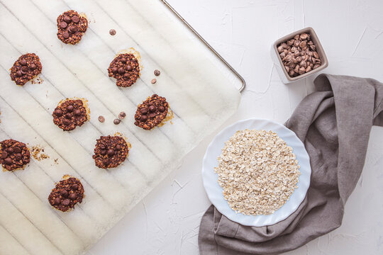 Flat lay shot of oatmeal and banana cookies with chocolate chips