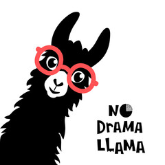 Cute cartoon llama design with No drama llama motivational quote. Vector illustration