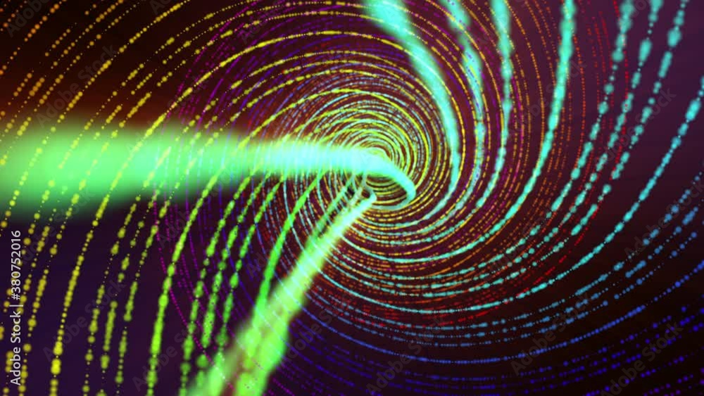 Aufkleber loop abstract background with rotating multicolored particles on a black background. 3d render