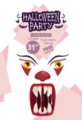 halloween horror party celebration poster with clown evil face