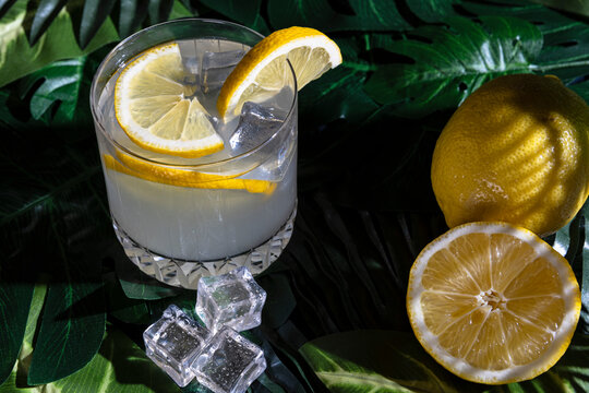 High angle of glass of cold refreshing alcohol drink with ice cubes garnished with lemon slice and placed on table in bar
