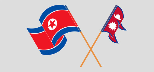 Crossed and waving flags of Nepal and North Korea