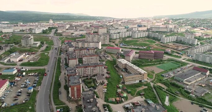 City of Magadan. Winter. View of the central part of the city. Russia.