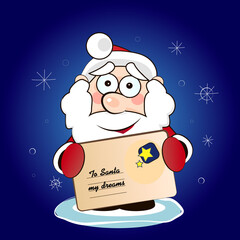 Vector blank for a New Year's card; santa claus wishes a happy new year, santa claus holds a letter, a template for creativity, print, advertising, christmas symbols.