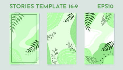 Fototapeta na wymiar Floral stories template. Vector set of garden flora posters. Flowers composition layout and trendy social media story templates. Abstract backgrounds for social media. Vertical herbal frames for post