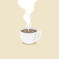 Coffee cup with steam. Fresh hot coffee on a silver platter. Cartoon style flat icon. Vector illustration design. Isolated on background.
