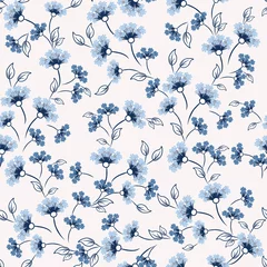 Wall murals Small flowers Ditsy pattern. Vector floral seamless texture. Abstract background with simple small blue flowers, leaves. Liberty style wallpapers. Subtle ornament. Elegant repeat design for decor, fabric, print
