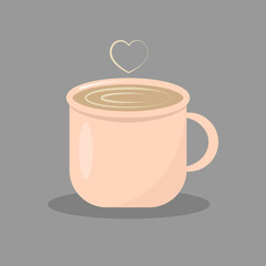 Coffee cup with steam. Fresh hot coffee on a silver platter. Cartoon style flat icon. Vector illustration design. Isolated on background.