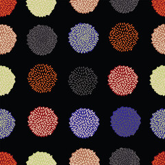 Vector pom pom bobble seamless pattern, trendy color, fall 2020, grey, orange, black, almond, blue, wine red. Repeating pattern. - obrazy, fototapety, plakaty